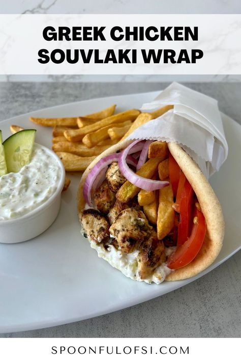 This easy Greek Chicken Souvlaki Wrap tastes just like the ones in Athens with marinated pieces of chicken, fresh veggies, tzatziki sauce, and fries wrapped in a warm pita. Chicken Souvlaki Wrap, Souvlaki Wrap, Chicken Skewers Grilled, Marinated Chicken Skewers, Easy Greek Chicken, Greek Chicken Souvlaki, Souvlaki Recipe, Pita Wrap, Chicken Fresh