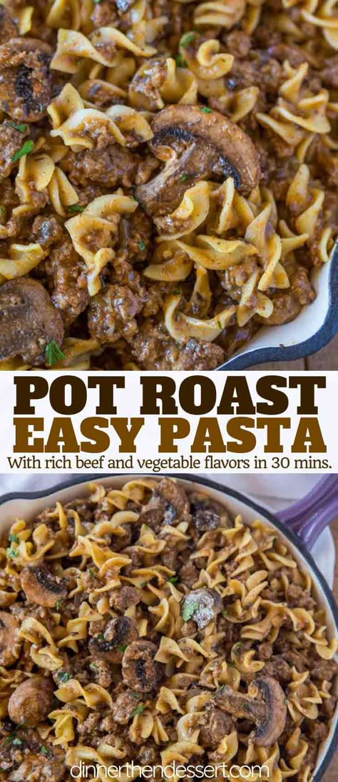 Ground Pot Roast Pasta is an EASY dinner made with ground beef, mushrooms, savory gravy, and egg noodles, ready in only 25 minutes! Pasta Recipes Beef, Pot Roast Pasta, Roast Pasta, Ground Beef Mushrooms, Leftover Roast Beef Recipes, Leftover Pot Roast, Dinner Pasta, Savory Dinner, Pot Roast Slow Cooker