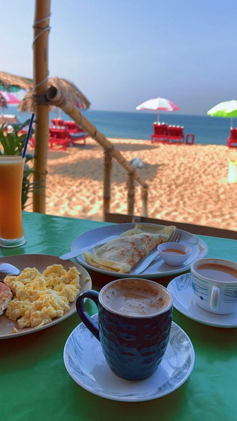 Scrambled Eggs • coffee • tea • pancake • breakfast • beach vibes • travel • Goa Food, Pancake Breakfast, Indian Rocks Beach, Nyc Trip, Morning Food, Food Snapchat, Scrambled Eggs, Beach Vibes, Goa