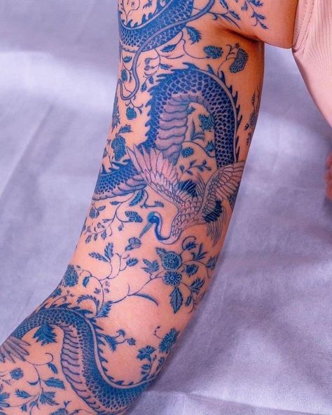 Porcelain Sleeve Tattoo, Blue Haku Tattoo, Porcelain Tattoo Design, Porcelain Dragon Tattoo, Porcelain Style Tattoo, Blue Tattoo Healed, Porcelain Tattoo Sleeve, Porcelain Tattoo Blue, Blue Tattoo Sleeve