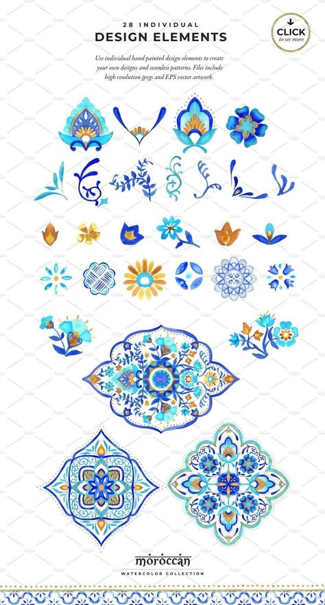 Mediterranean Prints, Moroccan Watercolor, Watercolor Templates, Watercolor Collection, Geometric Pattern Art, Geometric Design Art, Moroccan Art, Islamic Patterns, Turquoise And Gold