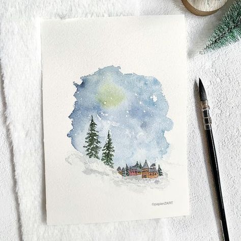 Watercolour Christmas Cards Ideas, Village Watercolor, Watercolour Christmas Cards, Watercolor Christmas Cards Diy, Christmas Cards Ideas, Painted Christmas Cards, Watercolour Christmas, Winter Village, Winter Watercolor