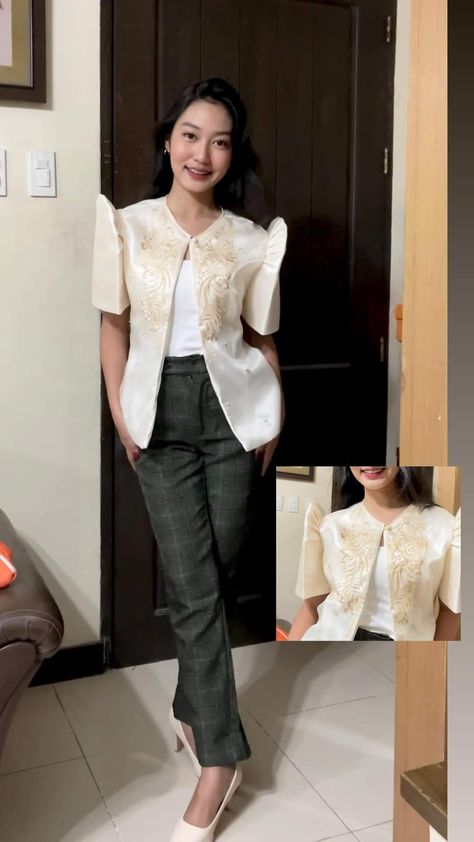 Modern Barong Women, Filipiñana Dress Modern Casual, Modern Filipina Outfit, Fiesta Theme Outfit, Filipiniana Top And Pants, Modern Filipiniana Outfit Classy Pants, Modern Filipiniana Outfit, Filipino Fiesta Theme, Filipiniana Outfit