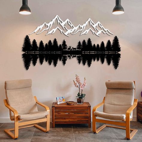 PRICES MAY VARY. UNIQUE and STYLISH: Bring the beauty of the great nature inside with this stunning metal mountain wall art decor. Add a touch of rustic charm to your home. HIGH-QUALITY CONSTRUCTION: Made from durable metal that's built to last, made from 1.5 mm mild steel and this wall art will stand the test of time. EASY to HANG: With built-in hooks this piece comes ready to hang and enjoy. VERSATILE DESIGN: Whether you're decorating a living room, bedroom or office, this metal mountain wall Forest Room Decor, Green Sofa Living, Mountain And Forest, Home Decor Metal, Nature Wall Decor, Scandinavian Wall Art, Forest Wall, Inspire Me Home Decor, Forest Wall Art