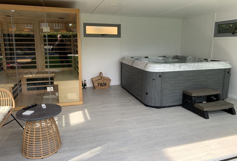 Hot Tub Canopy | Bakers Garden Buildings Home Sauna And Hot Tub, Home Sauna And Jacuzzi, Sauna And Jacuzzi Room, Indoor Hot Tub And Sauna, Jacuzzi And Sauna Indoor, Hot Tub Changing Room, Sauna Jacuzzi Room, Hot Tub In Garage, Garage Hot Tub Ideas