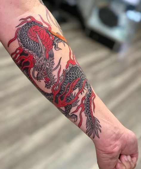 Coloured Dragon Tattoo, Dragon Calf Tattoo Men, Red Tattoo Forearm, Dragon Forearm Tattoo, Japanese Dragon Tattoo Designs, Dragon Tattoo Forearm, Forearm Tattoos For Men, Black Dragon Tattoo, Dragon Tattoo Arm