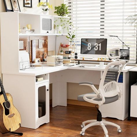 L Shaped Desk with Drawers and Hutch, Sturdy Corner Computer Desk with File Cabinet - On Sale - Bed Bath & Beyond - 40937418 Computer Desk And Vanity Combo, White Desk For Bedroom, Office L Shaped Desk, L Shaped Room, White Desk Bedroom, 2 Person Home Office, L Shaped Vanity, L Shaped Desk With Drawers, L Shaped Desk With Hutch