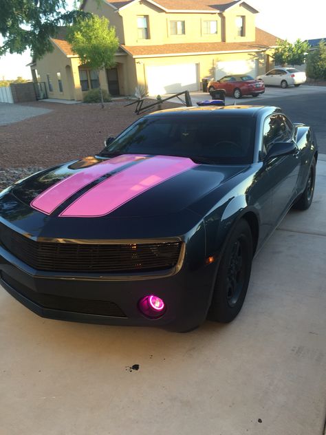 pink rally stripes, halos and custom grill Pink Challenger, Pink Hellcat, Pink Camaro, Hellcat Srt, Pink Wheels, Rally Stripes, Custom Grill, Black Truck, Dodge Muscle Cars