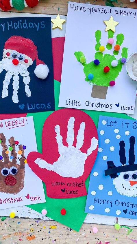 Toddler Christmas Cards, Kids Art Ideas, Handprint Art Christmas, Handprint Christmas Cards, Handprint Art Kids, Christmas Card For Teacher, Christmas Handprint Crafts, Handprint Christmas, Christmas Crafts For Toddlers