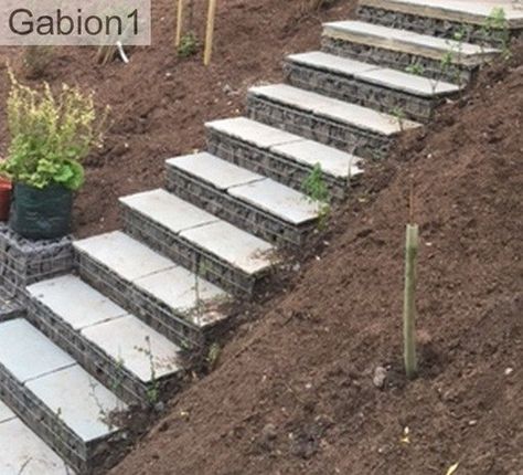 gabion steps with paver treads Gabion Steps, Garden Terracing, Landscaping Stairs, Bunk Houses, Gabion Wall Design, Gabion Ideas, Retaining Wall Patio, Steep Gardens, Retaining Wall Steps