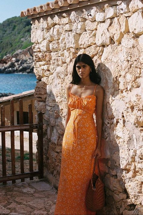 Italian Summer Dress, Floral Dress Outfit Summer, Orange Sundress, Sundress Outfit, Yellow Sundress, Orange Midi Dress, Orange Floral Dress, Long Sundress, Sun Dresses