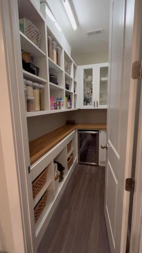 Morning Kitchen Pantry, 5x9 Pantry Layout, Walk In Pantry With Mini Fridge, Rectangle Pantry Ideas, 6x8 Pantry, Small Walk In Pantry With Countertop, Long Narrow Pantry Ideas, Long Pantry Ideas, Pantry Blueprint