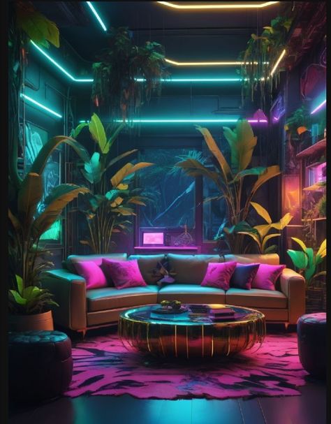 Dark Neon Home Aesthetic, Futuristic Room Ideas, Cyberpunk Room Interiors, Cyberpunk Room Ideas, Cyberpunk Cafe, Cyberpunk Living Room, Cyberpunk Office, Cyberpunk Decor, Cyberpunk Architecture