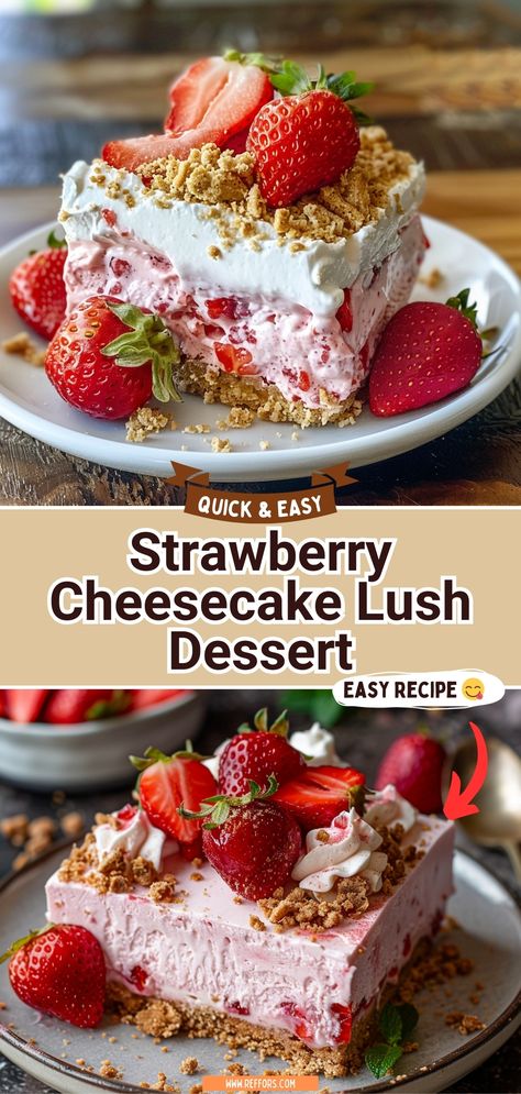 This Strawberry Cheesecake Lush Dessert is not just a treat for your taste buds, but also a visual delight, making it the perfect addition to your summer gatherings or a special family dinner dessert. #NoBakeCheesecake #StrawberryDessert #SummerTreats Best Strawberry Desserts Ever, Strawberry Pie Desserts, Strawberry Icebox Dessert, Easy Yummy Summer Desserts, Fruit Lasagna Dessert, Family Gathering Desserts, Strawberry Lush Cake, Light Summer Deserts, Ice Box Dessert Recipes