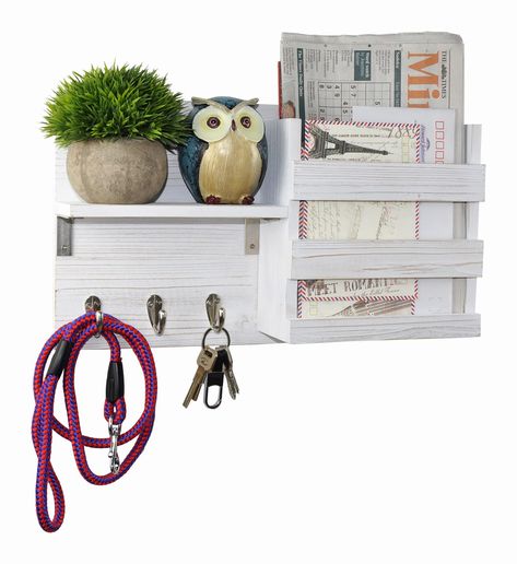 PRICES MAY VARY. Great for entryway space organizing and wall decorative. Features 3 chrome metal hooks for key holder, dog leash Hanging, coat & hat Rack; 1 small shelf to display small succulent, sunglasses, accessories ornament; 1 slot mail sorter to storage mails, letters, newspaper or more. A creative blend of rich, handy craft farmhouse rustic reclaimed wood in whitewash finish and industrial metal hooks blends to create a country piece with a modern feel. Perfect size to build on wall in Entryway Floating Shelves, Newspaper Storage, Key And Letter Holder, Mail Envelope, Mail Sorter, Hanging Coat Rack, Wooden Rack, Entryway Storage, Entryway Organization