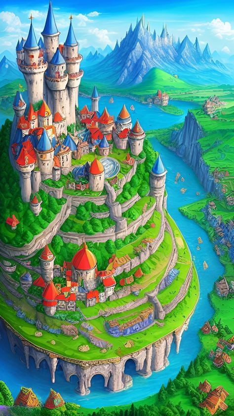 Castle Island Mountain Castle, Island Castle, Castle Island, Cartoon Landscape, Castle Illustration, Floating Island, Fantasy Homes, Fantasy City, Background Art