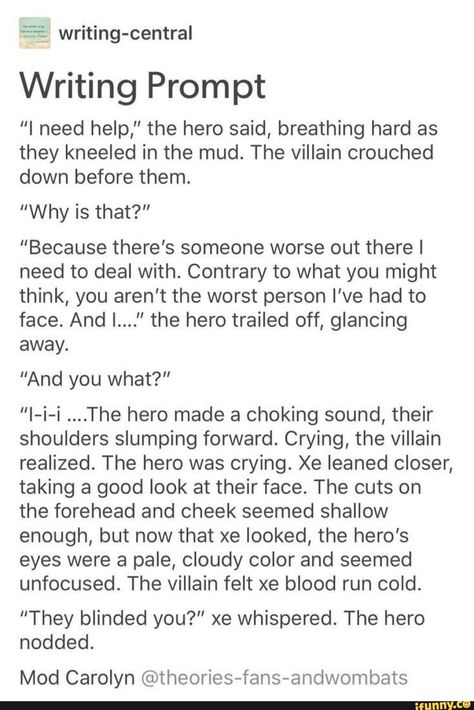 Found on iFunny Villain X Villain Prompts, Hero In Love With Villian, Hero Story Ideas, Villainxhero Prompts, Villian Ideas Writing Prompts, Villain Story Ideas, Hero And Villain Dialogue Prompts, How To Write A Protagonist, Hero And Villain Prompts