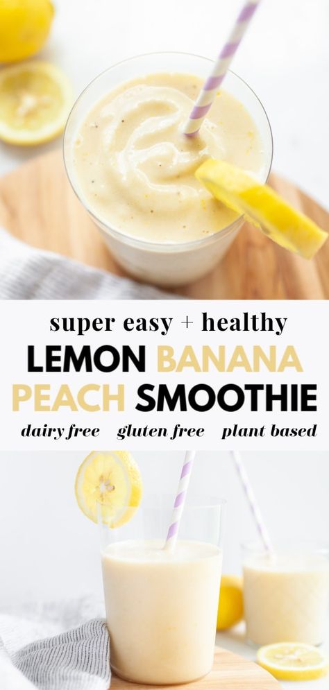 Looking for a healthy banana smoothie recipe?? This one takes it up a notch with vanilla, citrusy lemon, sweet peach, and creamy coconut yogurt added to the mix for an incredibly refreshing, super easy, dairy free smoothie you’ll make again and again! Lemon Smoothie Recipes, Banana Smoothie Recipe Healthy, Peach Banana Smoothie, Peach Smoothie Recipes, Lemon Smoothie, Lemon Banana, Filling Smoothie, Gluten Free Plant Based, Dairy Free Smoothies