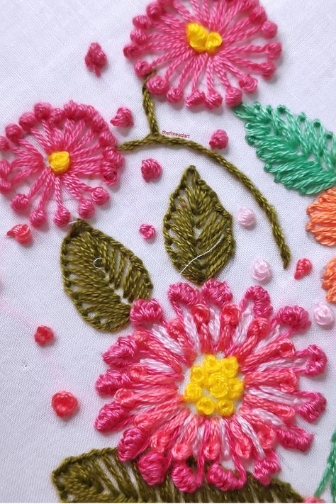 Easy Pistil Stitch Hand Embroidery Tutorial For Beginners Pistil Stitch Embroidery Designs, Pistil Stitch, Easy Embroidery Designs, Embroidery Stitches For Beginners, Satin Stitch Flower, Easy Hand Embroidery, Bullion Stitch, Free Kids Coloring Pages, Advanced Embroidery