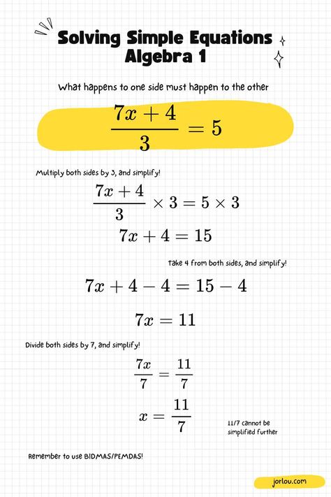 An example of solving a simple algebra problem Algebra 1 Notes, Algebraic Expressions Worksheet, Basic Algebra Worksheets, Algebra Equations Worksheets, Algebra Notes, Simple Equations, Algebra Help, Math Worksheets For Kids, Equations Worksheets