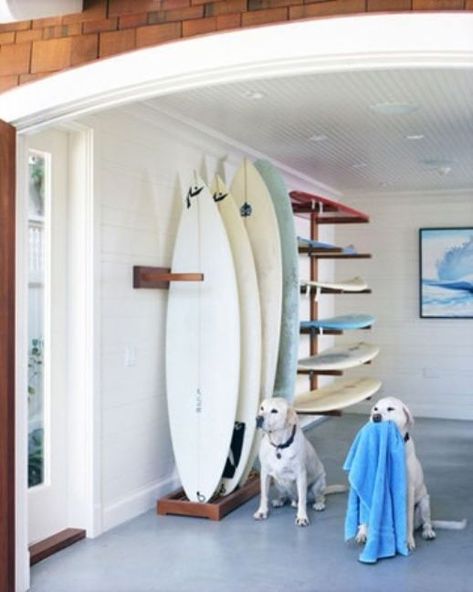 surf board decor - w a few surfers in the family, this made the most sense for use of porch. Decoration Surf, Surfboard Storage, Surfboard Rack, Surf Room, Style Surf, Surf Decor, Surf House, Surf Shack, Beach Surf