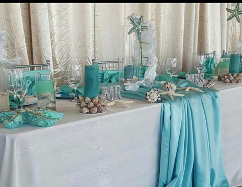 Elegant Beach Party Decorations, Beach Sweetheart Table, Beach Theme Centerpieces, Ocean Wedding Theme, Beach Centerpieces, Beach Wedding Tables, Beach Wedding Centerpieces, Beach Bridal Showers, Beachy Wedding