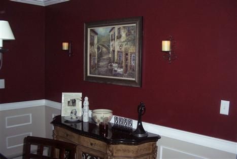 An example of Behr Velvety Merlot done in a dining area, pictures of the paint color on walls shows much more red hues than the paint swatch Behr Maroon Paint Colors, Deep Red Wall Color, Burgundy Hallway Ideas, Maroon Painted Walls, Maroon Wall Color, Merlot Paint Color, Maroon Wall Paint, Maroon Walls Living Room, Den Paint Colors Ideas