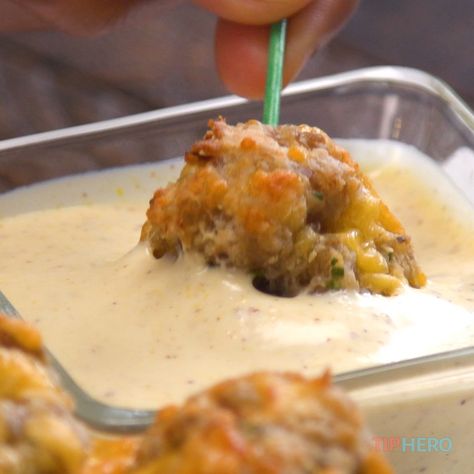 Sausage Balls with Creamy Honey Mustard Dipping Sauce Recipe Honey Mustard Dipping Sauce Recipe, Creamy Honey Mustard, Baking Mix Recipes, Sausage Balls Recipe, Creamy Honey, Honey Mustard Dipping Sauce, Party Bites, Mustard Dipping Sauce, Dipping Sauces Recipes