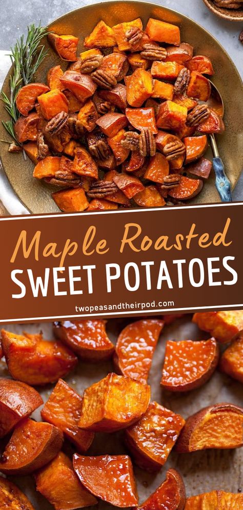 Maple Roasted Sweet Potatoes are perfect for the holidays! The prep for this recipe is super simple. Tossed in maple and cinnamon, this easy vegetable side dish becomes perfectly sweet and delicious! Serve them on Thanksgiving and watch everyone come back for seconds! Maple Glazed Sweet Potatoes, Maple Sweet Potatoes, Sweet Potato Side Dish, Sweet Potato Recipes Roasted, Sweet Potato Sides, Recipes Sides, Glazed Sweet Potatoes, Sweet Potato Thanksgiving, Thanksgiving Side Dishes Easy