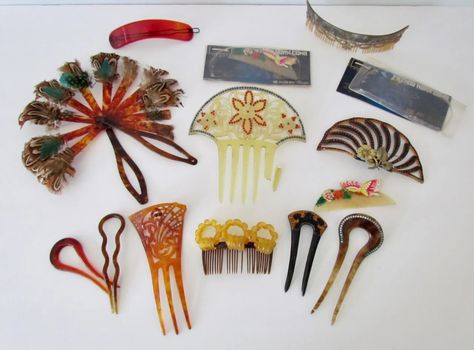 Vintage Lot Celluloid Hair Combs Ornaments Fuzhou Horn Comb Brooch Fan 13 peices | eBay Antique Hair Combs, Vintage Hair Accessories, Shell Color, Hair Combs, Tortoise Shell, Hand Fan, Hair Comb, Horn, Comb