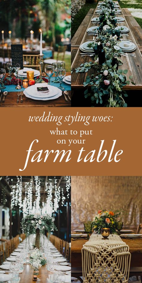 What To Put On Your Farm Table to Make Your Wedding Reception Beautifully Yours | Junebug Weddings Farmhouse Wedding Table, Farm Table Centerpiece, Reception Table Layout, Farm Table Wedding, Farmhouse Table Decor, Minimalist Wedding Decor, Pavilion Wedding, Reception Table Decorations, Rustic Wedding Reception