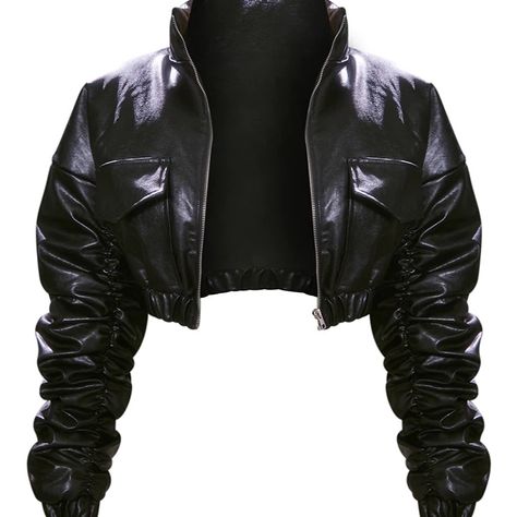 Inject Some Fierce Vibes To Your Outfit Of The Day With This Bomber Jacket. Featuring A Black Faux Leather Material With Ruched Sleeves And A Cropped Length, We Are In Love. Style Over Your Outfit Of The Day To Have All Eyes On You. Length Approx 52cm/20.5" (Based On A Sample Size S) Black Cropped Jacket, Ruched Sleeve, Cropped Leather Jacket, Leather Jacket Outfits, Love Style, Pretty Little Thing, Leather Jacket Black, Crop Jacket, Black Faux Leather