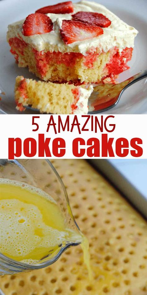 No holiday or celebration is complete without a Poke Cake on the table! These delectable Poke Cake recipes take regular cake-from a box cake mix or homemade-and add a burst of flavor with Jello, pudding, or other delicious add ins. #pokecakes #easydesserts Pudding Cake Mix, Regular Cake, Pudding Poke Cake, Jello Cake, Short Cake, Strawberry Shortcake Recipes, Shortcake Recipe, Poke Cake Recipes, Poke Cakes