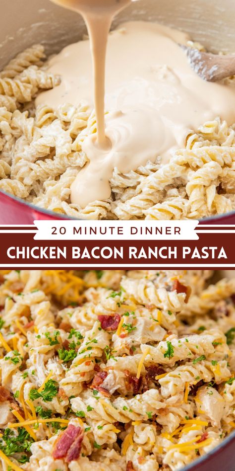 This quick and easy Chicken Bacon Ranch Pasta is made in one pot and ready in just 20 minutes. Treat yourself to a big pot of creamy pasta with a ranch Alfredo sauce, chicken and bacon for dinner tonight! Chicken Bacon Recipes, Easy Pasta Dinner Recipes, Bacon Ranch Pasta, Resep Pasta, Chicken Bacon Ranch Pasta, Easy Pasta Dinner, Ranch Pasta, Pasta Dinner Recipes, Chicken Bacon Ranch