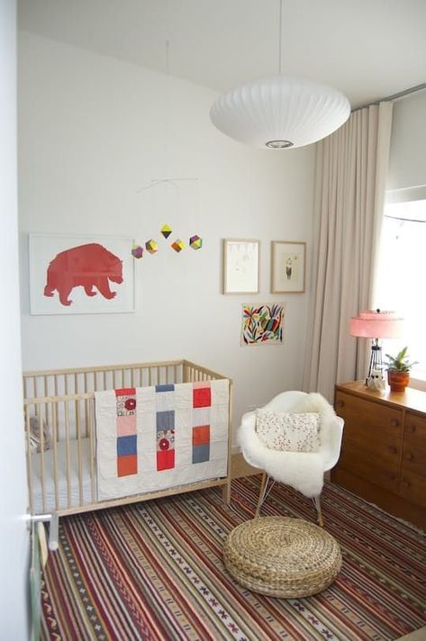 Pin this for your dream kids room! 10 Cheap IKEA Rugs Meet Real Kids' Rooms Ikea Rug, Simple Nursery, Nursery Modern, Gray Paint, White Nursery, Retro Baby, Beautiful Nursery, Room Color, Gender Neutral Nursery