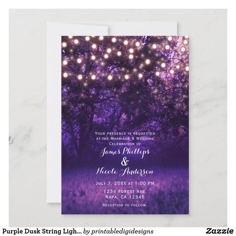 Rapunzel Wedding, Tangled Wedding, Purple Forest, Purple And Gold Wedding, Rustic Wedding Cards, Rustic Bridal Shower Invitations, Rustic Wedding Invitation, Forest Sunset, Purple Wedding Invitations