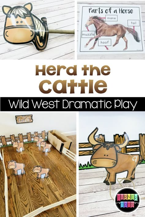 Use a stick horse to round up the cattle on the ranch. Collect the cattle and get them into the pasture as one of your cowboy chores with this dramatic play activity for preschool. #activities for preschool #activity #activity for toddlers #preschool Rodeo Day Preschool Games, Cowboy Science Preschool, Cowboy Projects For Preschool, Cowboys Preschool Activities, Texas Preschool Theme, Life On The Range Preschool Activities, Bubba The Cowboy Prince Activities, Cowboy Dramatic Play, Preschool Cowboy Activities