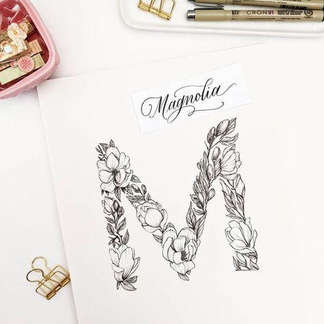 Magnolia flower drawing| flowers that start with M | flower alphabet | letter M | flower doodles | alphabets | floral alphabets | lettering | floral lettering Flower Letters Drawing, Magnolia Flower Drawing, Alphabet Painting, Mum And Daughter Tattoo, Drawing Tiktok, Letters Drawing, M Letter Images, Flowers Letters, Floral Lettering