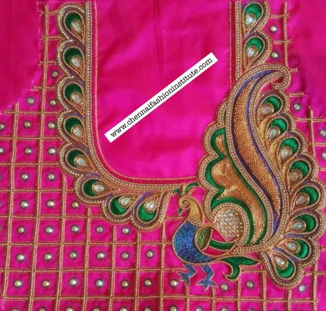 Aari Work Blouse Design, Aari Blouse Design, Peacock Embroidery Designs, Back Neck Design, Peacock Embroidery, Kuchu Designs, Sugar Beads, Saree Kuchu Designs, Bridal Blouses