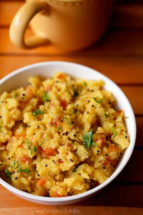 Tomato Upma Recipe | Veg Recipes of India Tomato Upma Recipe, Semolina Porridge, Rava Upma Recipe, South Indian Vegetarian Recipes, Healthy Breakfast Dishes, Upma Recipe, Indian Appetizers, Breakfast Recipes Indian, Vegetarian Breakfast Recipes