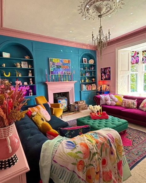 Blue and Pink Living Room Pink And Blue Living Room Ideas, Pink And Blue Living Room, Half Wall Panelling, Colorful Accent Wall, Half Painted Wall, Blue And Pink Living Room, Wall Panelling Ideas, Decorating With Color, Panelling Ideas