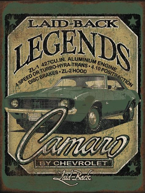 Iklan Vintage, Yenko Camaro, 1969 Camaro, Garage Signs, Garage Art, Vintage Tin Signs, Old Signs, Car Posters, Car Drawings