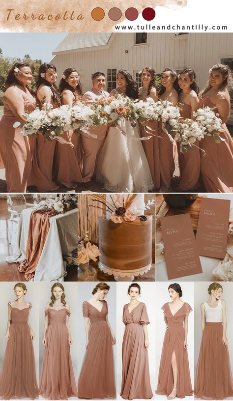 Rustic Motif Color Wedding, Rustic Brown Bridesmaid Dresses, Summer 2024 Bridesmaid Dresses, Garden Wedding Dress Bridesmaid, Wedding Motif Color 2024, Rose And Brown Wedding, Brown Motif Wedding, Rustic Brown Wedding Theme, Bridesmaid Color Palette Fall