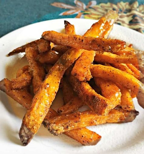 white plate on blue table cloth with sweet potato fries Peach Cobbler For Two, Preschool Meals, Cobbler For Two, Southern Collard Greens Recipe, Southern Collard Greens, Frozen Sweet Potato Fries, Party Potatoes, Sweet Fries, Easy Peach Cobbler