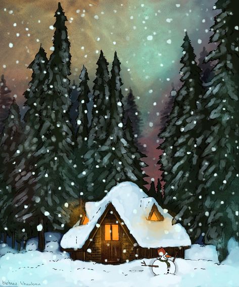 Christmas Cabin Illustration, Winter Cabin Painting, Cute Easy Animal Drawings, Easy Scenery Drawing, Winter Lodge, Easy Animal Drawings, Abstract Tree Painting, Painting Snow, Christmas Crafts To Make