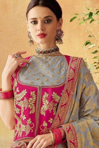 Step into the world of elegance with this Light Grey Pink Brocade Silk Embroidered Lehenga Set. The intricate embroidery on the silk fabric exudes charm and sophistication. Perfect for special occasions.
PRICE:  $110.00 Rajasthani Blouse, Lehenga With Long Choli, Rajasthani Lehenga, Long Choli Lehenga, Choli Blouse Design, Brocade Lehenga, Pink Brocade, Ikat Blouse, Long Blouse Designs