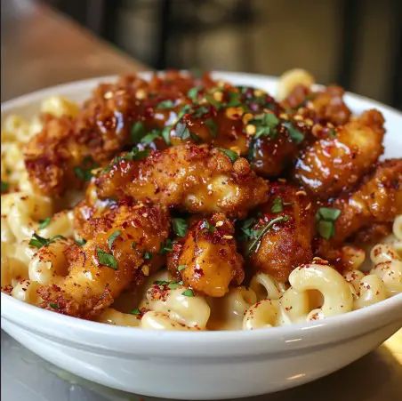 Honey Pepper Chicken Mac and Cheese – Naomi's Recipes Fried Chicken And Mac And Cheese, Honey Pepper Chicken Mac And Cheese, Honey Pepper Chicken, Crispy Breaded Chicken, Breaded Chicken Strips, Chicken Mac And Cheese, Classic Mac And Cheese, Honey Bbq Chicken, Honey Bbq