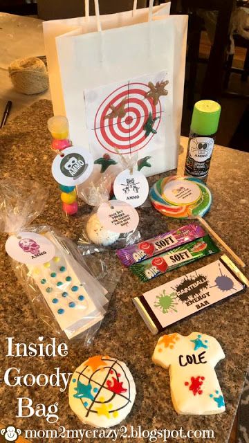 Running away? I'll help you pack.: Paintball Themed Party ... Goody Bag Insides (Pain... Paint Ball Birthday Party Ideas, Paint Ball Party Ideas, Paintball Party Favors, Paintball Cake, Paintball Birthday Party, Paintball Birthday, Silly String, Paintball Party, Laser Tag Birthday