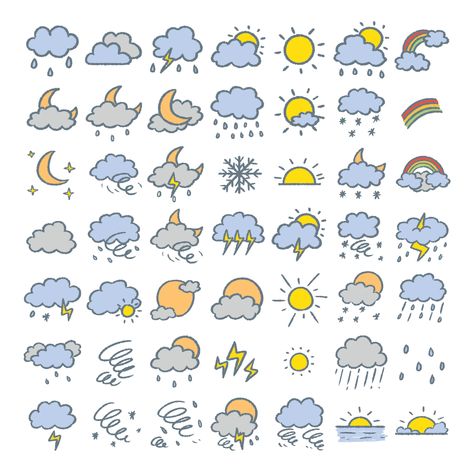 Rain Lighting, Kawaii Weather, Weather Art, Weather Cloud, Weather Icon, Note Doodles, Cloud Stickers, Yearbook Themes, Cute Easy Doodles