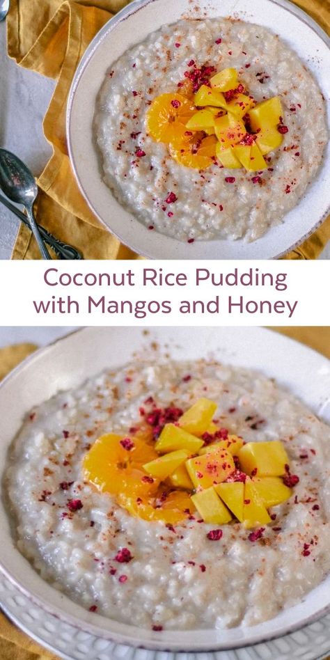 You are going to love this homemade Coconut Rice Pudding with Mangos and Honey for a special dessert or breakfast! It's extra delicious when made with coconut milk and drizzled with Bee Seasonal Silvestre Honey. This recipe is so easy to make! #ricepudding #coconutricepudding #beeseasonal #beeseasonalhoney Honey Recipes Dessert, Breakfast Rice, Honey Dessert, Baby Nutrition, Coconut Rice Pudding, Mediterranean Life, Honey Breakfast, Morel Mushrooms, Sweet Foods